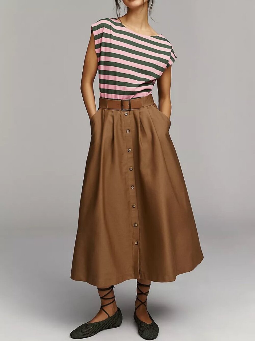 NWT Anthropologie Sleeveless Twofer A-Line 100% Cotton Belt Midi Dress, Size XL